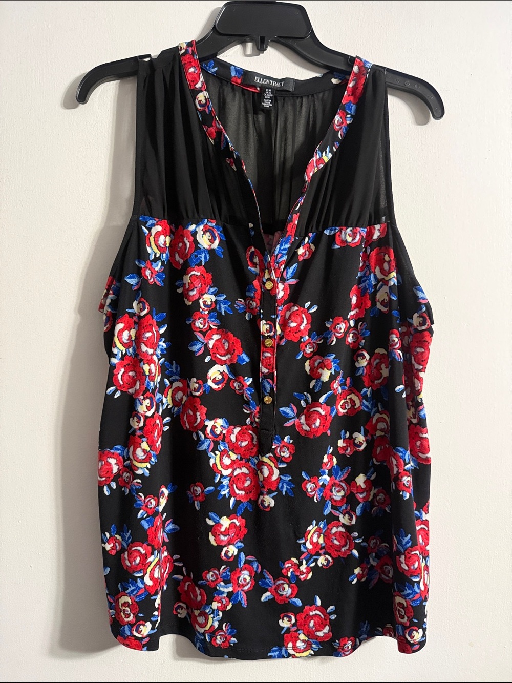 Ellen Tracy Black Floral Sleeveless Blouse - Red & Blue Roses w/Mesh (XL)